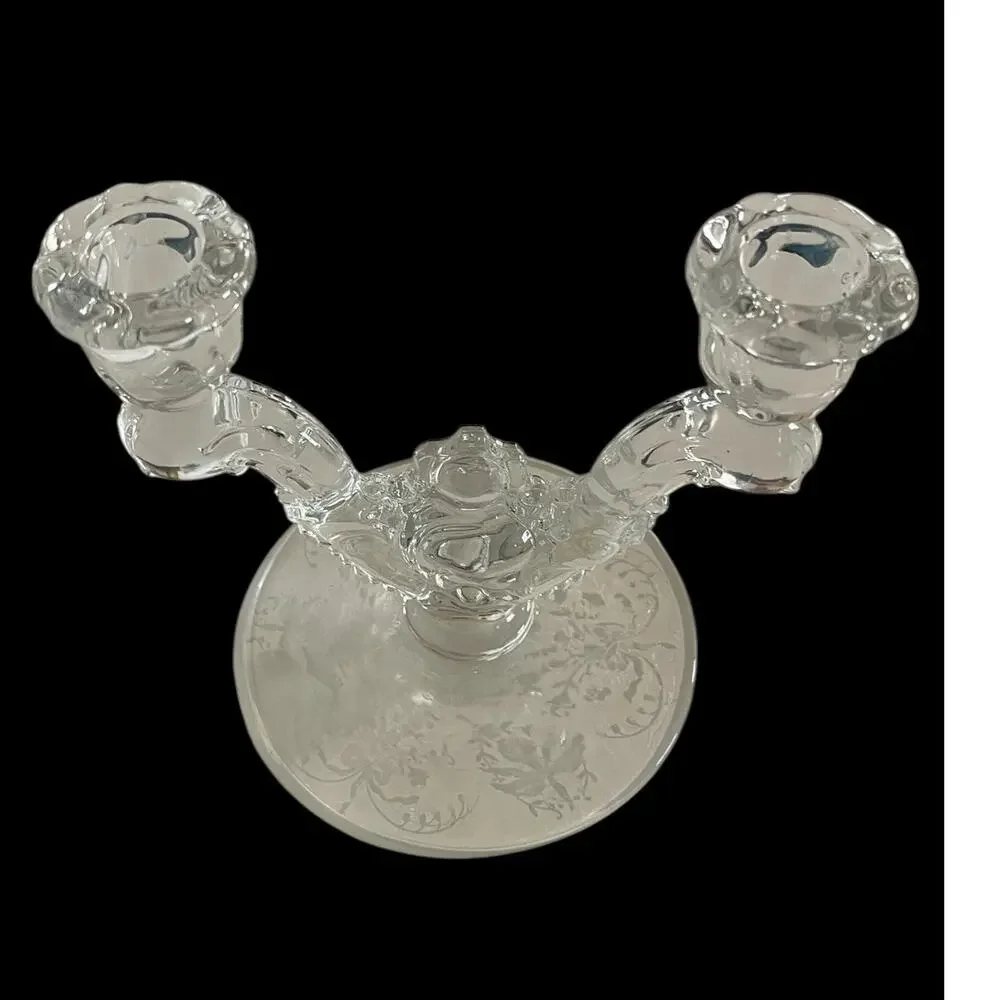 Vintage HEISEY Eternal Orchid Pattern Etched Crystal Double Light Candleholder